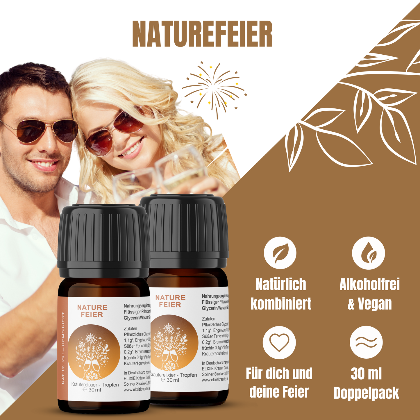 Paar feiert gemeinsam, davor steht der NatureFeier Kräutertropfen Doppelpack mit Icons zu Natürlichkeit, Vegan und alkoholfrei