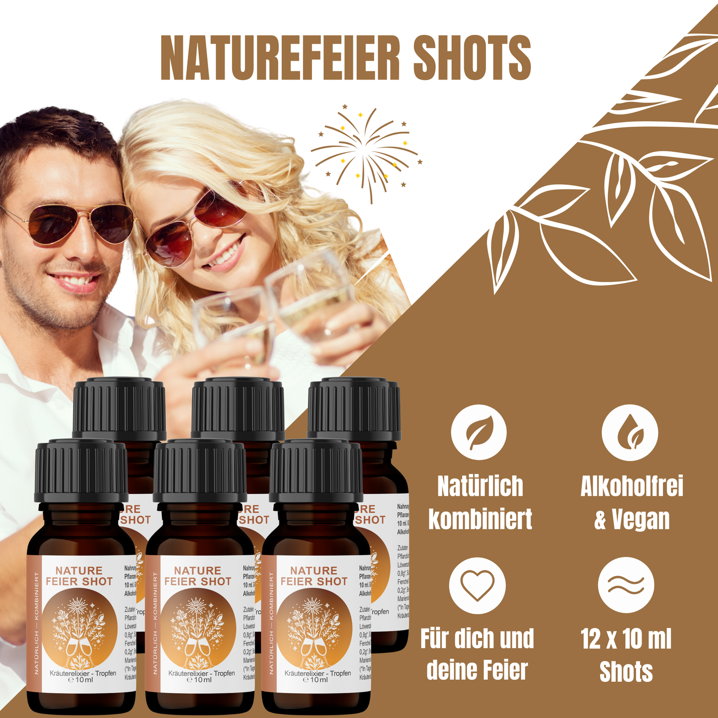 Paar stößt an, davor stehen zwölf 10-ml-Flaschen NatureFeier Shots mit Icons zu Natürlichkeit, Vegan und alkoholfrei.