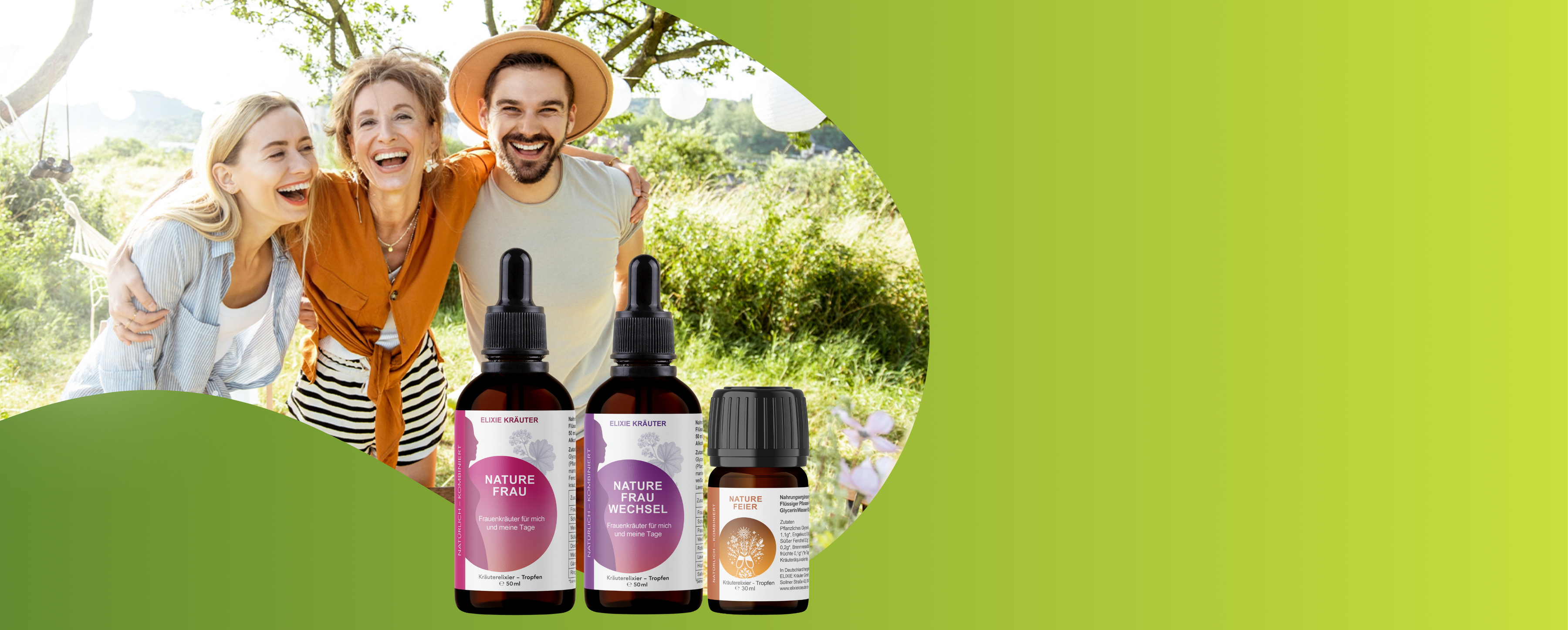 Naturkräuter-Produkte vor einer grünen Landschaft mit harmonischer Outdoorszene.