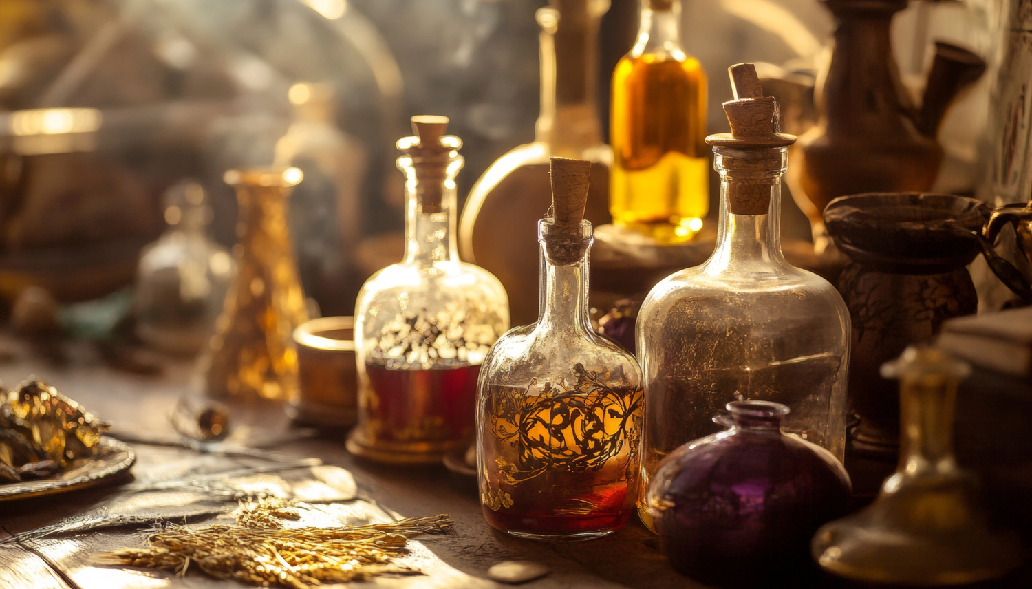 Vintage-Glasflaschen mit goldenen und rötlichen Elixieren auf einem alten Apothekentisch im warmen Abendlicht