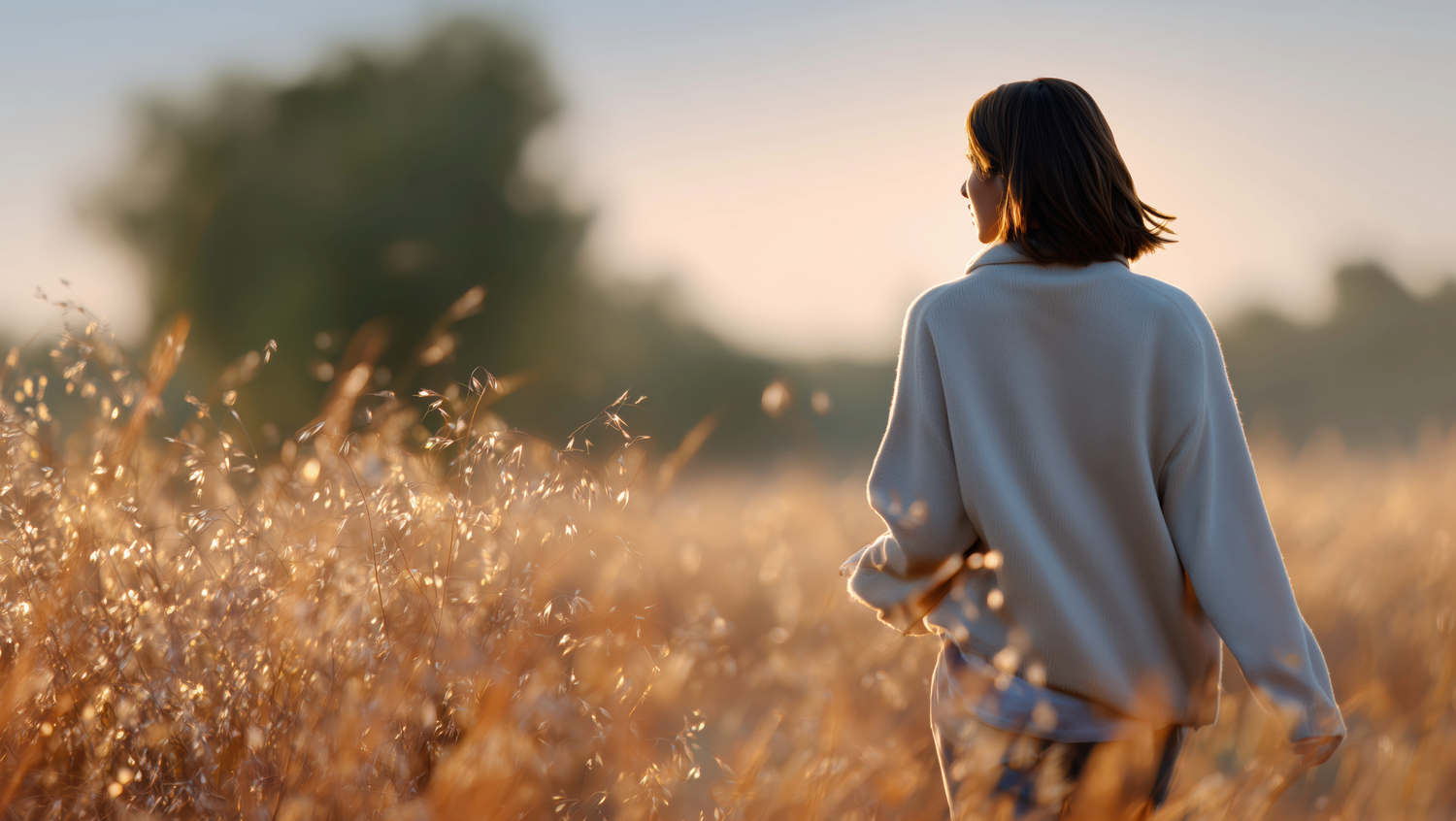 Rückansicht einer Frau, die bei warmem Sonnenuntergang durch eine goldene Wiese geht
