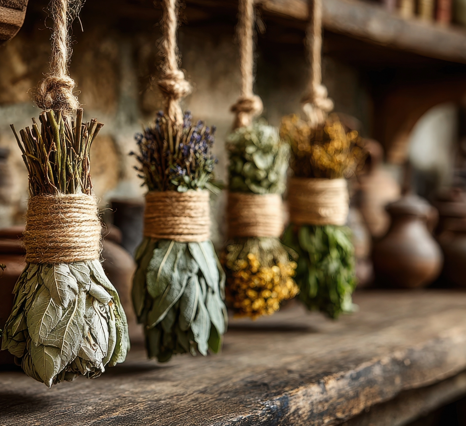 Mehrere getrocknete Kräuterbündel hängen in einer rustikalen Kräuterstube zum Trocknen.