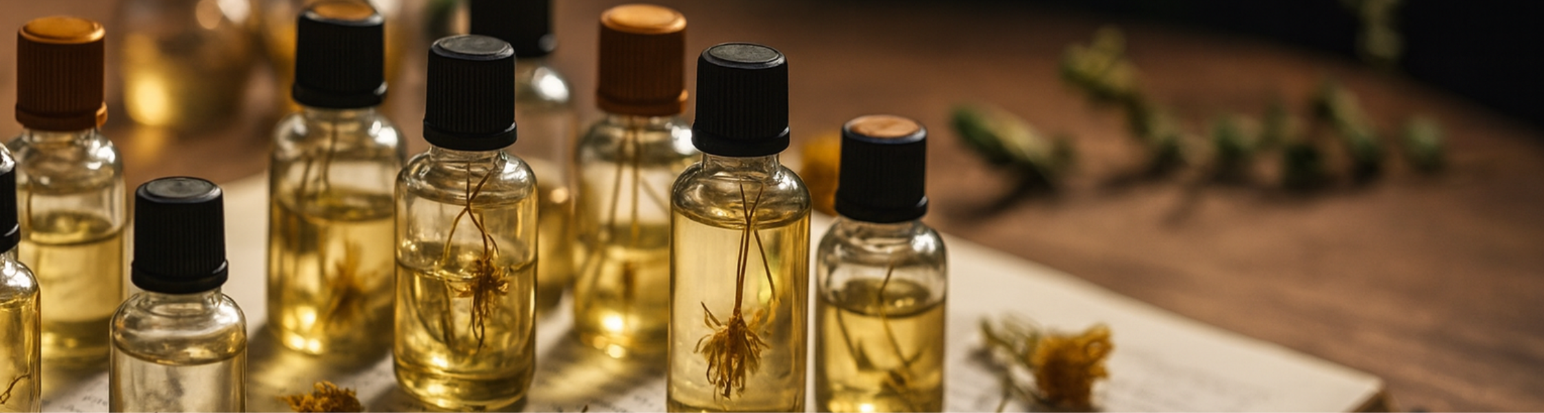 Kleine Glasflaschen mit goldenen Kräuterölen stehen auf einem Tisch, einige enthalten ganze Blüten zur Mazeration.