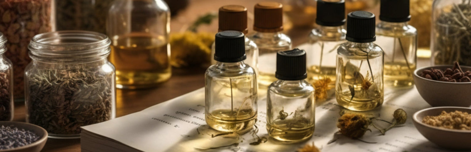 Kleine Glasflaschen mit hellem Kräuteröl stehen auf einem offenen Buch, umgeben von getrockneten Blüten und Kräutergläsern.