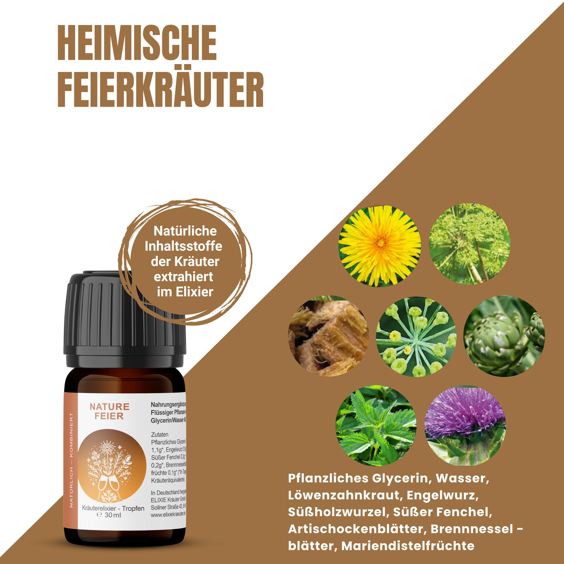30-ml-Flasche NatureFeier Kräuterelixier mit mehreren Kräuterzutaten wie Löwenzahn, Fenchel und Engelwurz in runden Bildausschnitten.