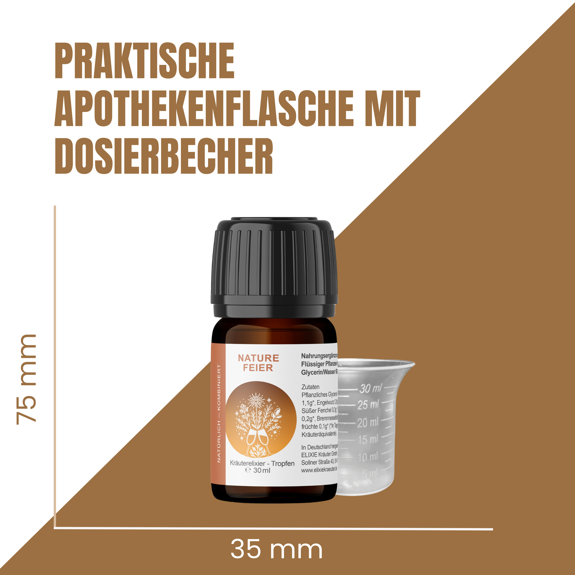 NatureFeier Kräutertropfen 30 ml als Apothekenflasche mit Dosierbecher, daneben Größenangaben zu Höhe und Breite.
