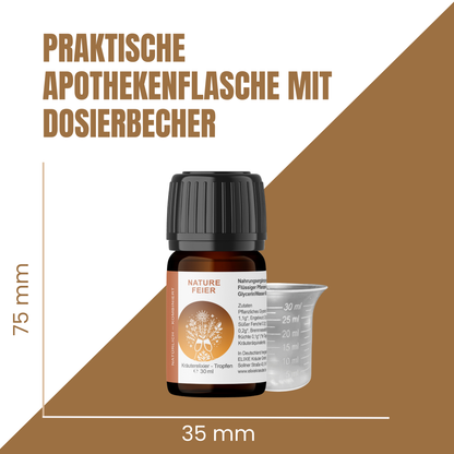 NatureFeier Kräutertropfen 30 ml als Apothekenflasche mit Dosierbecher, daneben Größenangaben zu Höhe und Breite.