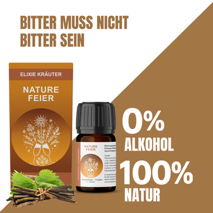 NatureFeier Kräutertropfen mit Verpackung, Brennnessel und Süßholzwurzel, daneben der Hinweis 0 % Alkohol und 100 % Natur.