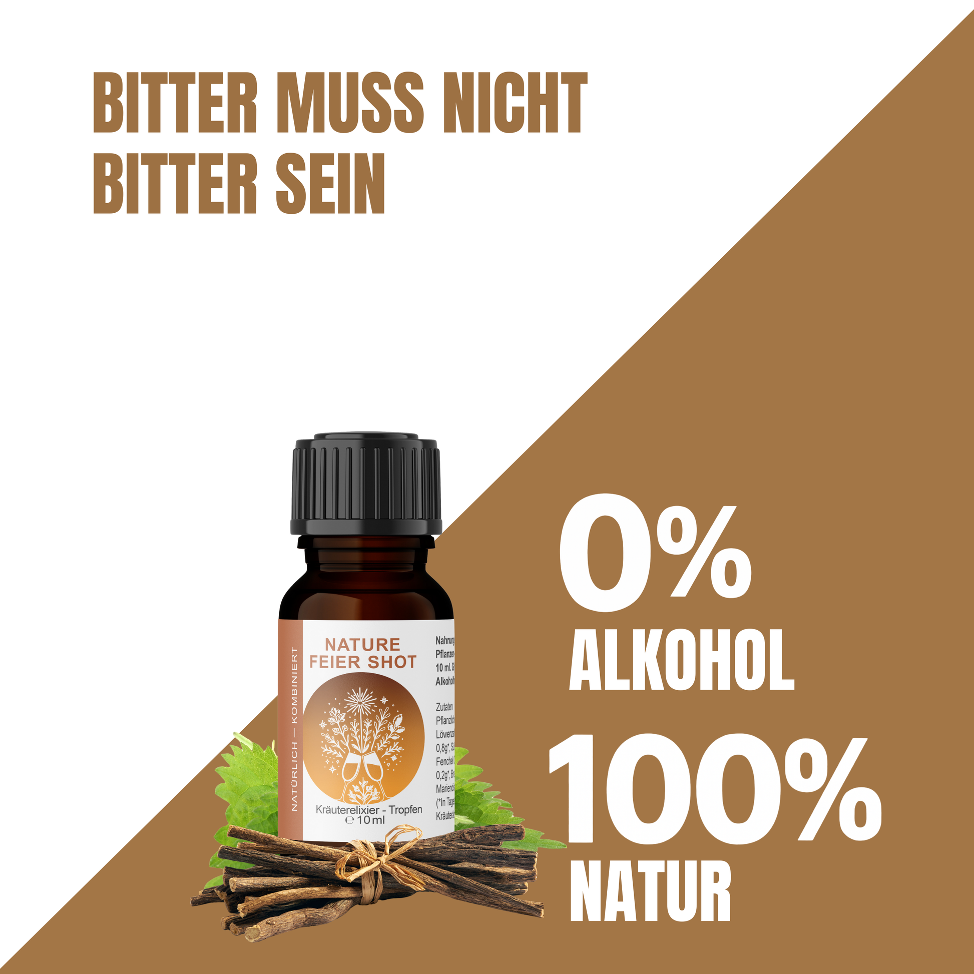 NatureFeier Shot 10 ml mit Brennnessel und Süßholzwurzel, daneben der Hinweis 0 % Alkohol und 100 % Natur.