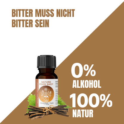 NatureFeier Shot 10 ml mit Brennnessel und Süßholzwurzel, daneben der Hinweis 0 % Alkohol und 100 % Natur.
