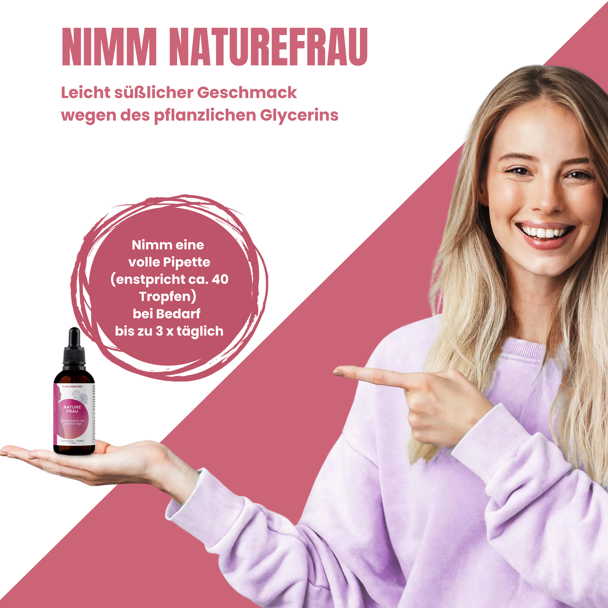 Junge Frau zeigt auf die NatureFrau Kräutertropfen, daneben ein Hinweis zur Einnahme einer vollen Pipette mit etwa 40 Tropfen.