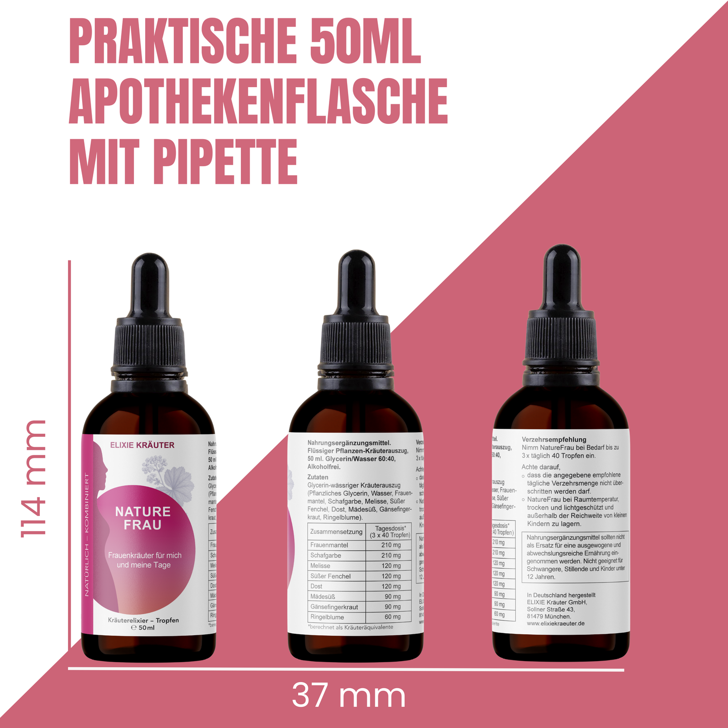 NatureFrau Kräutertropfen 50 ml in drei Ansichten: Vorderseite, Rückseite und Zutatenetikett, dargestellt als Apothekenflasche mit Pipette.