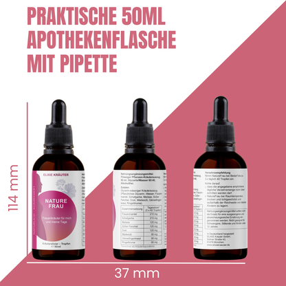 NatureFrau Kräutertropfen 50 ml in drei Ansichten: Vorderseite, Rückseite und Zutatenetikett, dargestellt als Apothekenflasche mit Pipette.