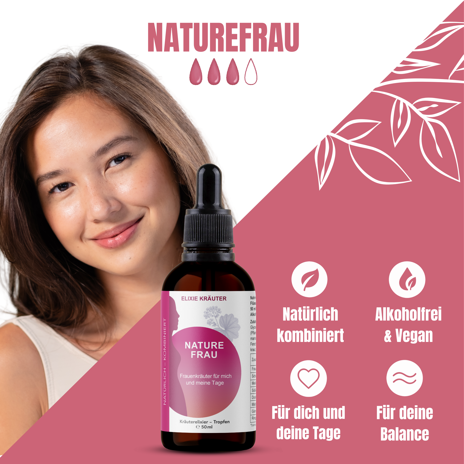 Junge Frau lächelt, daneben steht eine 50-ml-Flasche NatureFrau Kräutertropfen mit Icons zu Natürlichkeit, Vegan und Balance.