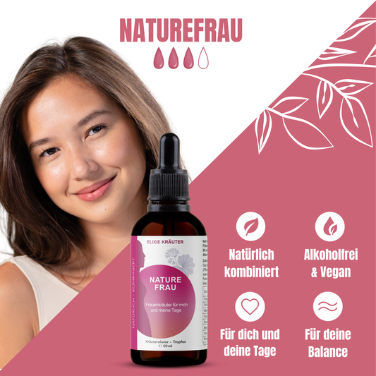 Junge Frau lächelt, daneben steht eine 50-ml-Flasche NatureFrau Kräutertropfen mit Icons zu Natürlichkeit, Vegan und Balance.