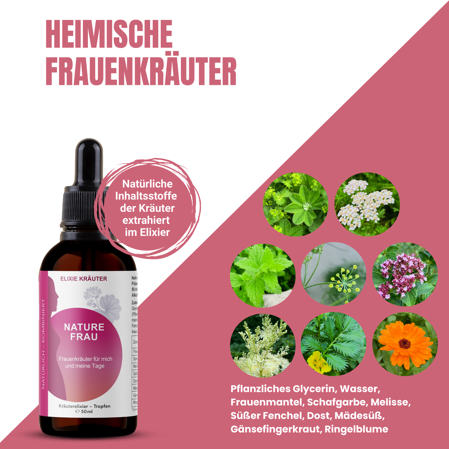 Flasche NatureFrau Kräutertropfen, daneben mehrere Frauenkräuter wie Frauenmantel, Schafgarbe, Melisse, Fenchel, Dost, Mädesüß und Ringelblume in runden Bildausschnitten.