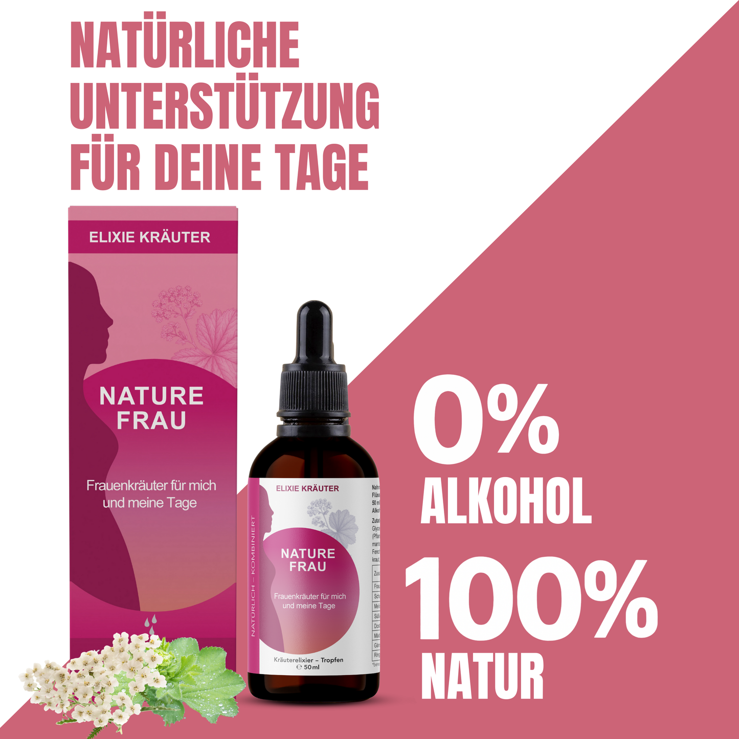 NatureFrau Kräutertropfen mit Verpackung und Frauenkräutern, daneben der Hinweis 0 % Alkohol und 100 % Natur.