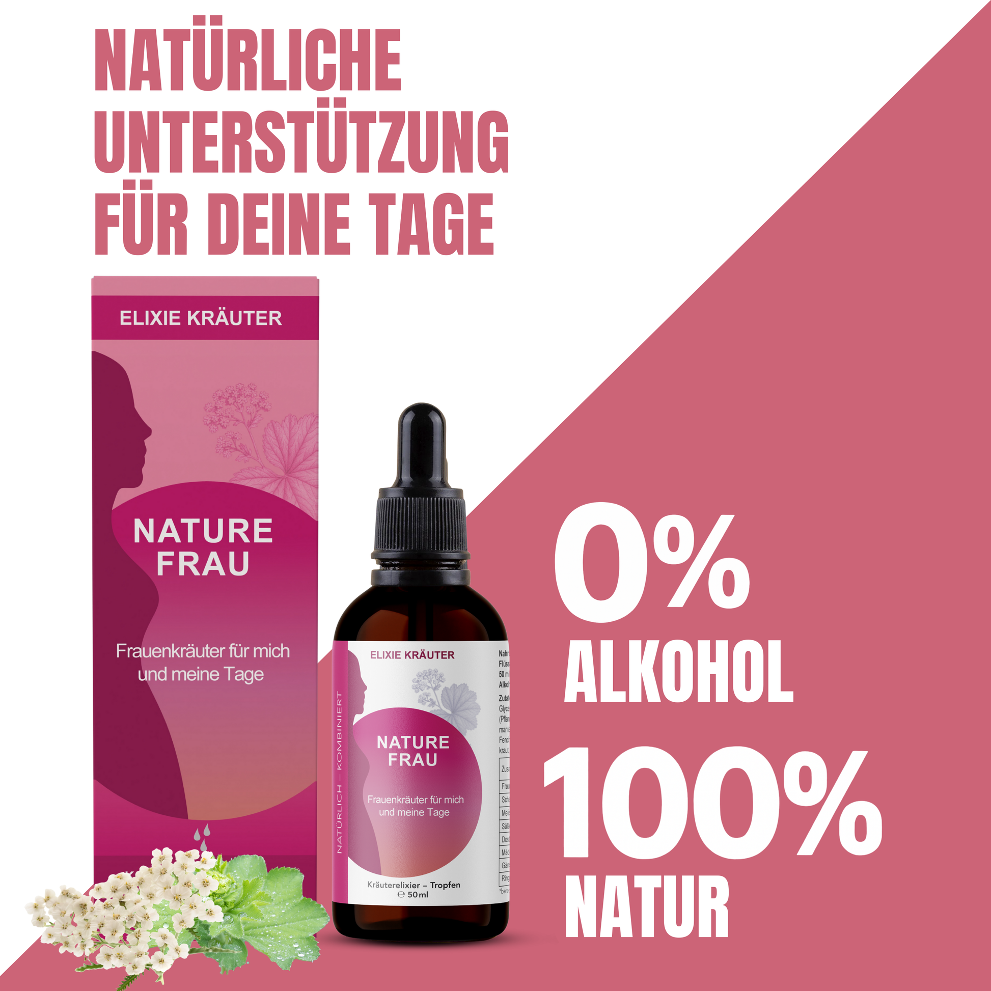 NatureFrau Kräutertropfen mit Verpackung und Frauenkräutern, daneben der Hinweis 0 % Alkohol und 100 % Natur.