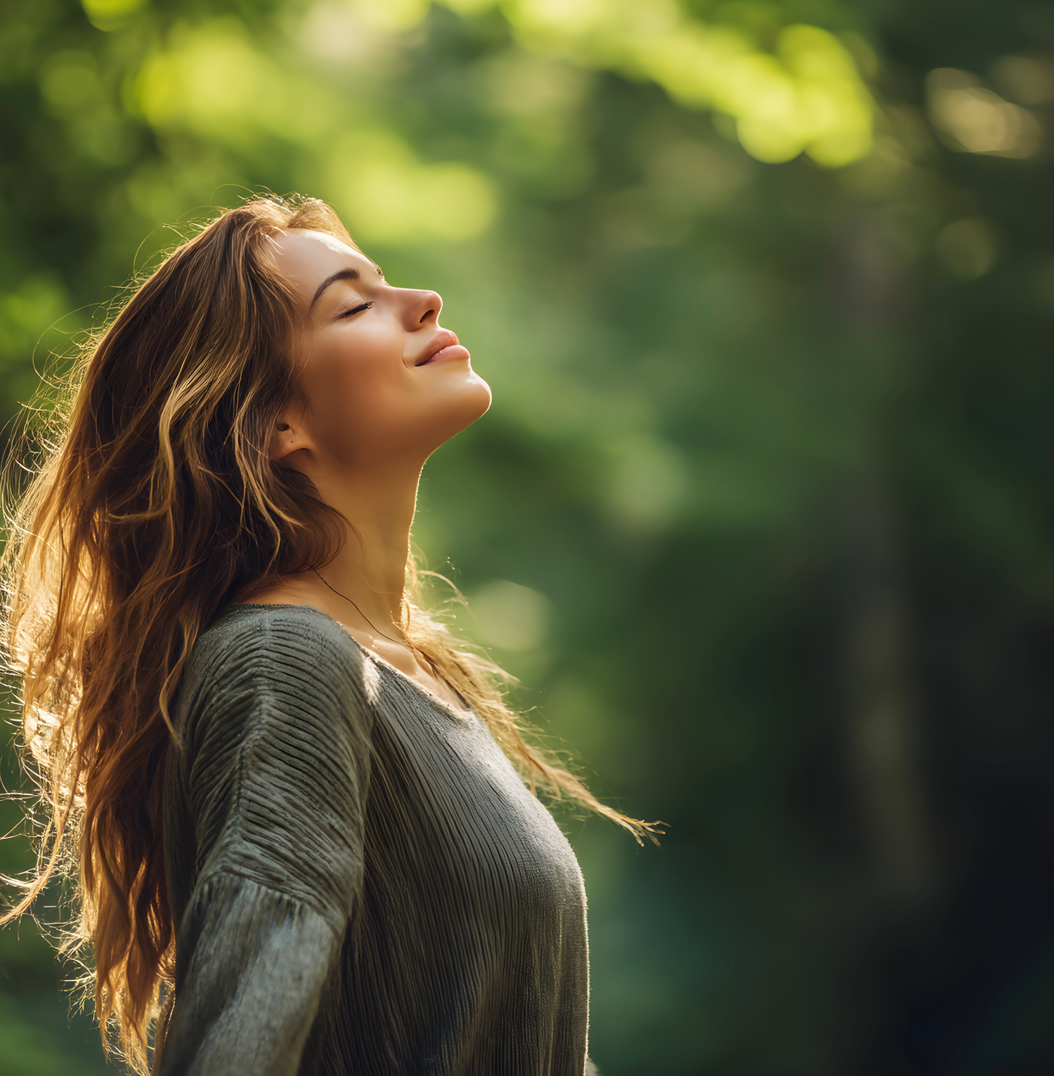 Junge Frau steht entspannt im Wald und genießt das natürliche Licht.