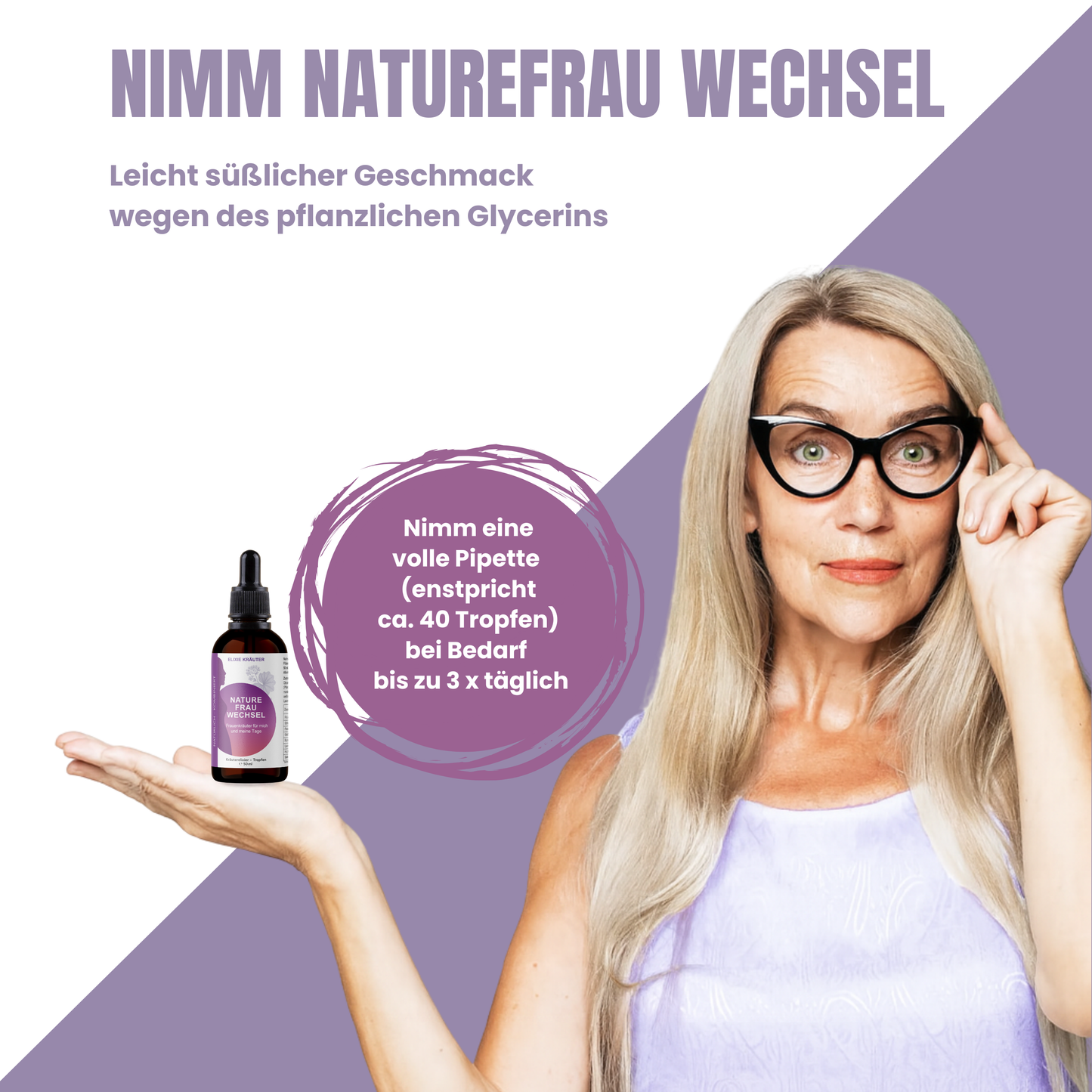 Ältere Frau zeigt auf eine 50-ml-Flasche NatureFrau Wechsel und hält die Hand darunter, daneben steht ein Einnahmehinweis zur Pipetten-Anwendung.