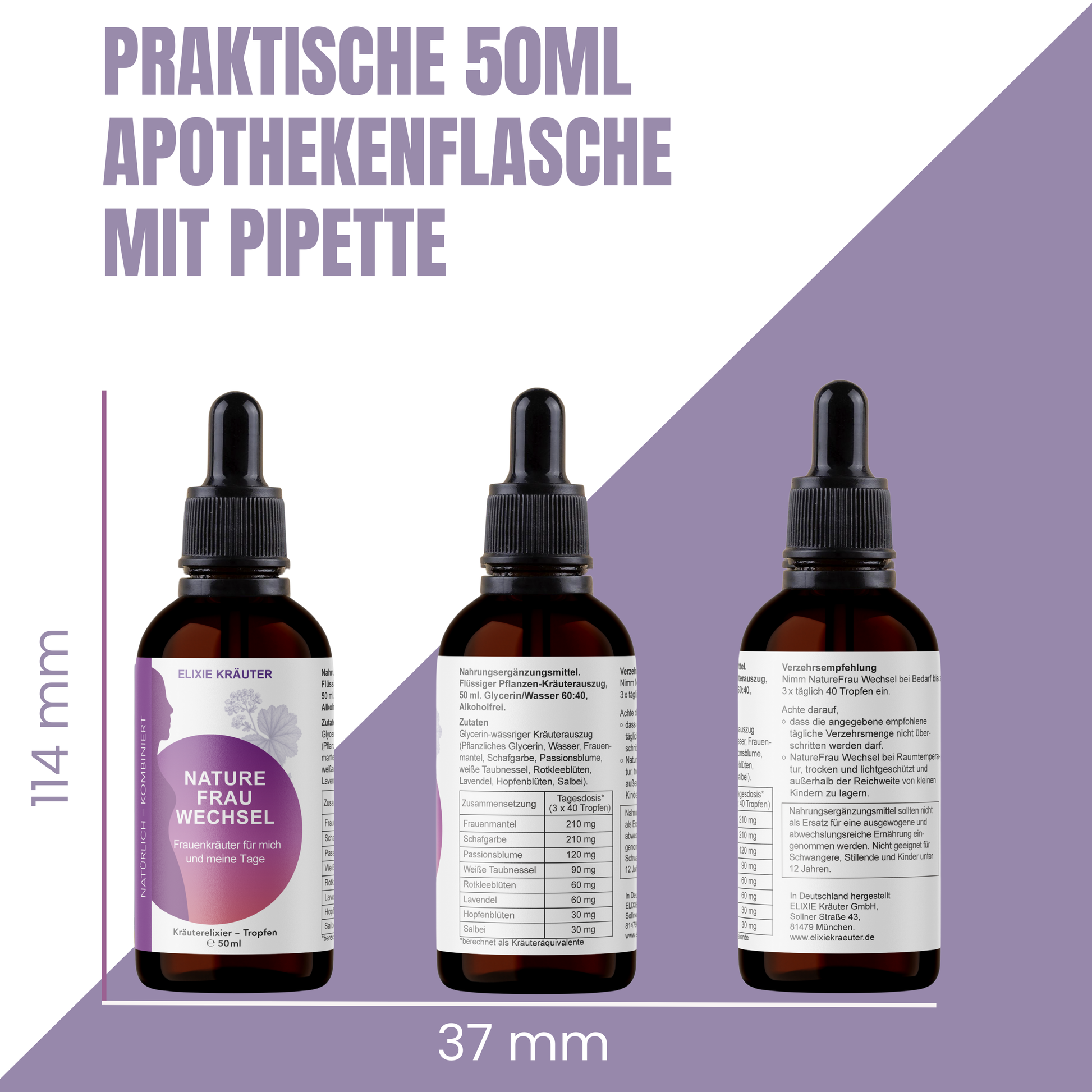NatureFrau Wechsel Kräutertropfen 50 ml in drei Ansichten: Vorderseite, Rückseite und Anwendungsetikett, dargestellt als Apothekenflasche mit Pipette.