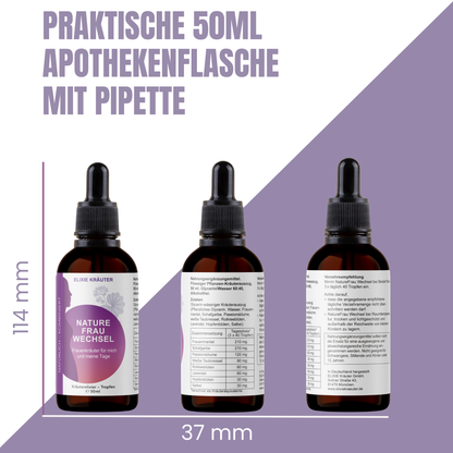NatureFrau Wechsel Kräutertropfen 50 ml in drei Ansichten: Vorderseite, Rückseite und Anwendungsetikett, dargestellt als Apothekenflasche mit Pipette.
