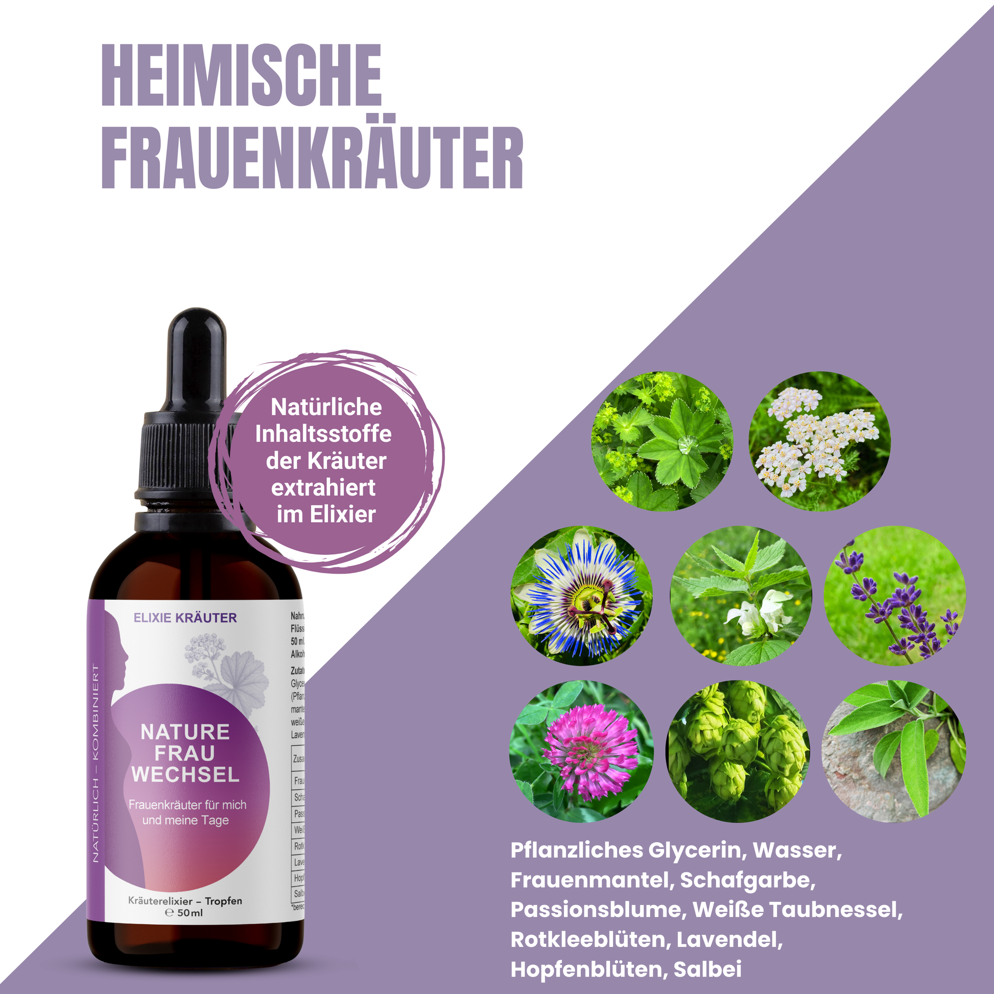 50-ml-Flasche NatureFrau Wechsel Kräutertropfen, daneben mehrere Frauenkräuter wie Frauenmantel, Schafgarbe, Taubnessel, Lavendel und Hopfen in runden Bildausschnitten.
