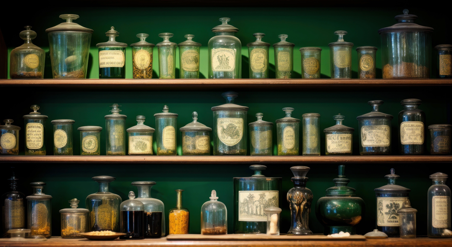 Alter Apothekenschrank mit zahlreichen vintage Glasbehältern und Elixierflaschen vor grünem Hintergrund
